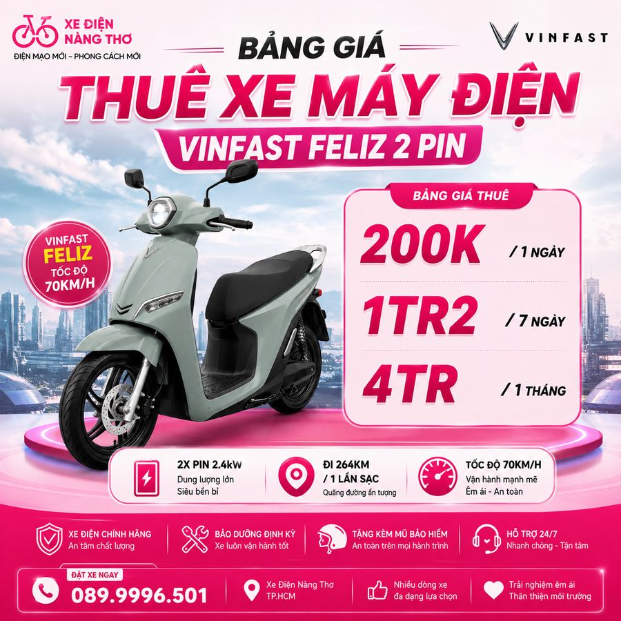 Dịch vụ cho thuê xe máy điện Vinfast Feliz 2 Pin